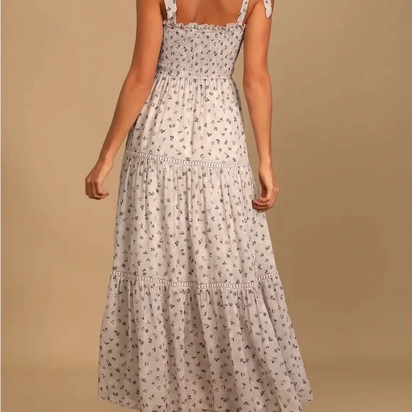 Taupe Floral Print Tie-Strap Smocked Dress - Picture 3 of 5